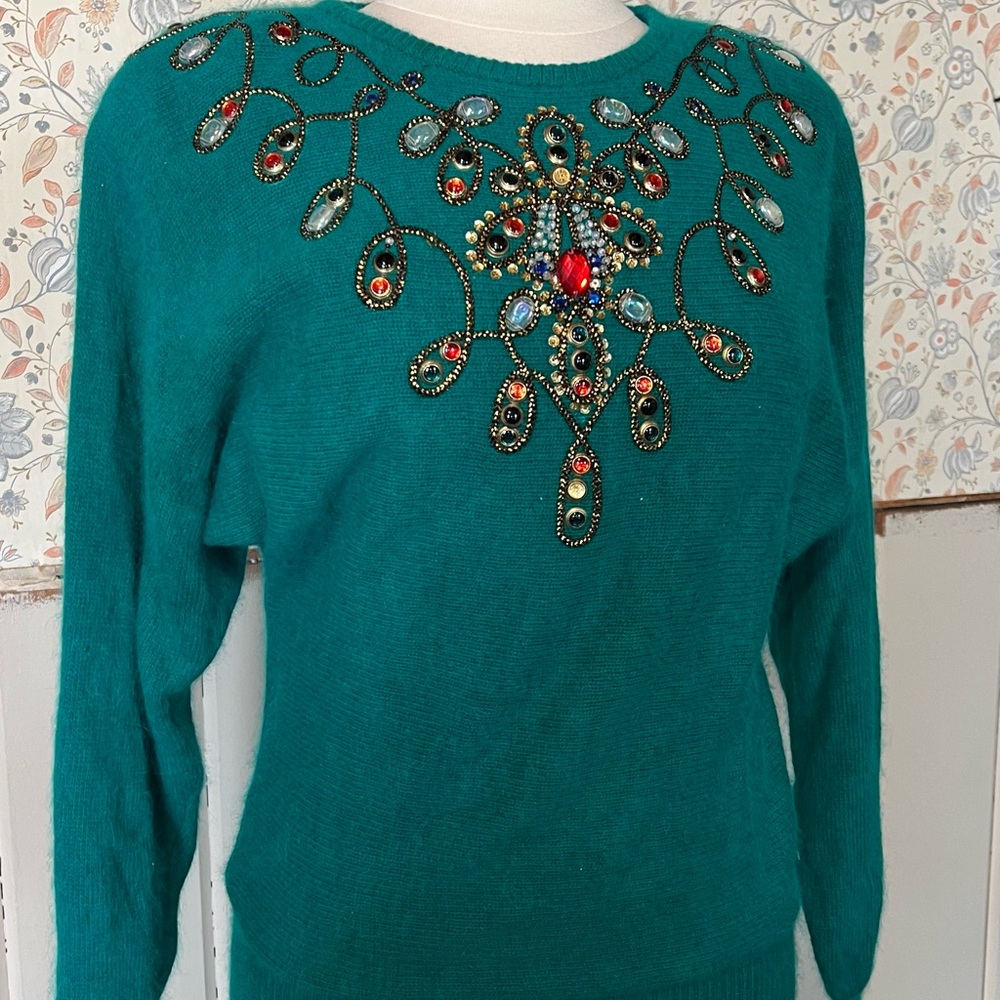Embellished 1980s Teal Lambswool Sweater - Picture 3 of 3
